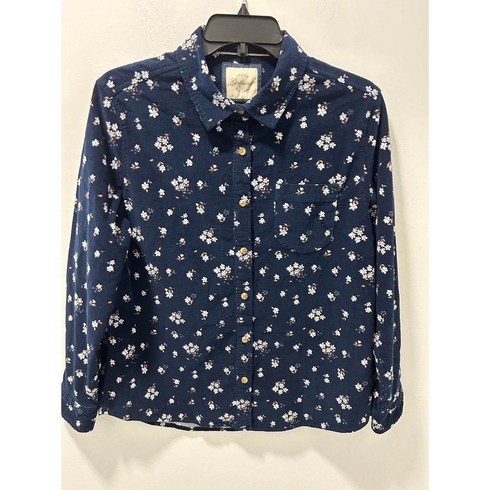 Jachs Girlfriend Navy Blue Floral Corduroy Button Down Shirt Womens Medium